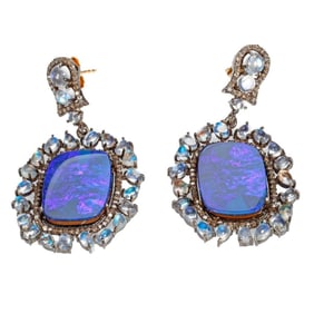 A pair of opal, moonstone and diamond earrings
