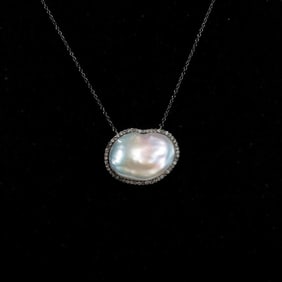 A cultured pearl, diamond & blackened silver necklace