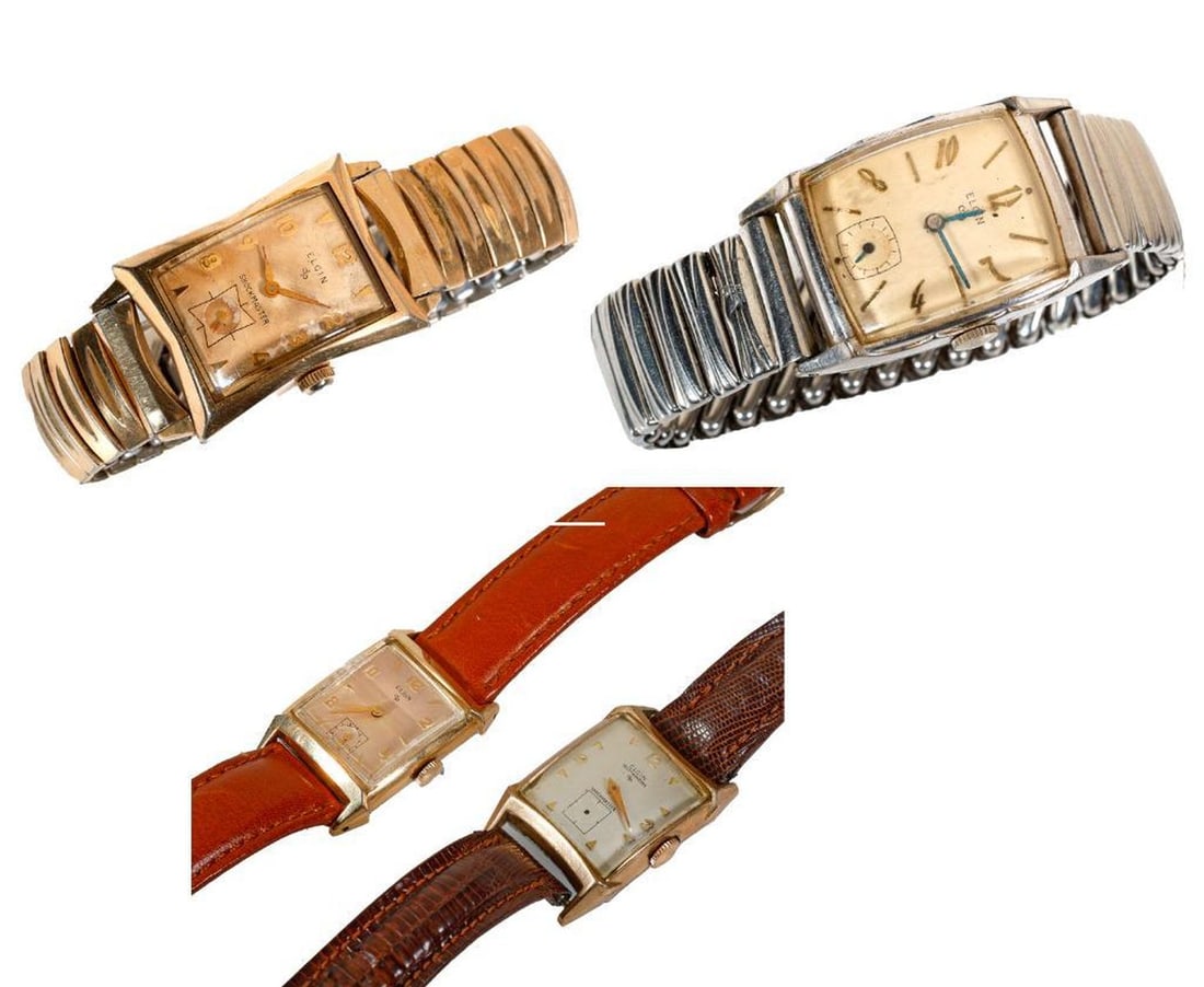 Four Vintage Elgin Watches: Four Vintage Elgin Watches. NOTE: All watches are sold as is regardless of functionality. Please examine the provided photos to evaluate each piece. All watches in the sale have been in storage since 