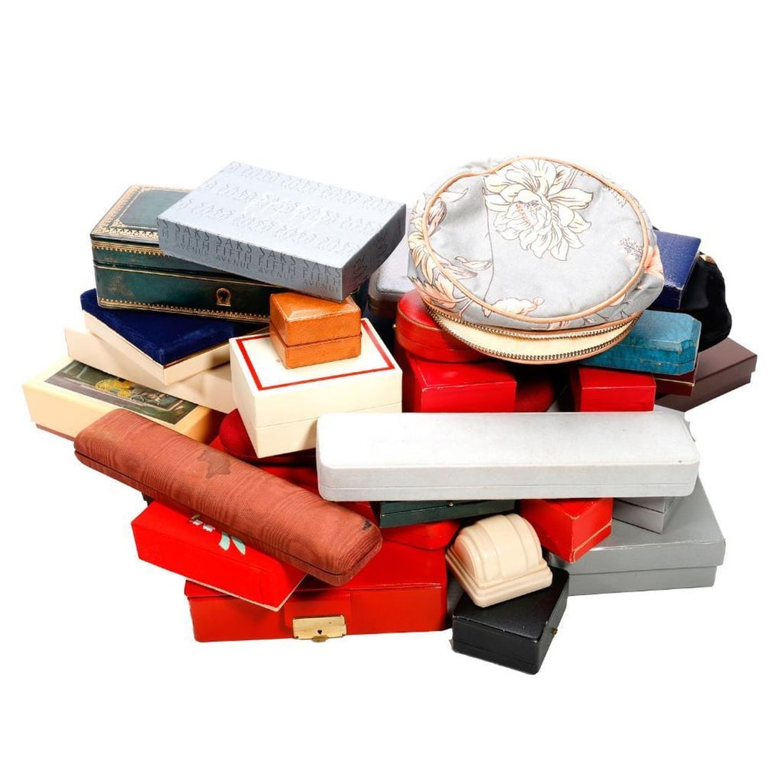 A group of jewelry boxes: 100+ boxes and pouches, including Fred Leighton, Shreve, Gumps, Seaman Schepps, J. E.Caldwell, Judith Ripka, Bucherer, Granat Bros, Laykin & Cie, G.T. Marsh, I. Magnin, H.tern, Bulova, Joseph Magnin,