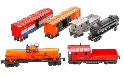 (12) Lionel O Gauge Postwar Freight Cars: (12) Lionel O Gauge Postwar Freight Cars 6012 Lionel blue gondola. 6012 Lionel black gondola 6119 D.L.&W. red work caboose. Roof walk end, roof corner, stack, bin, end railing, steps, trucks and coupl
