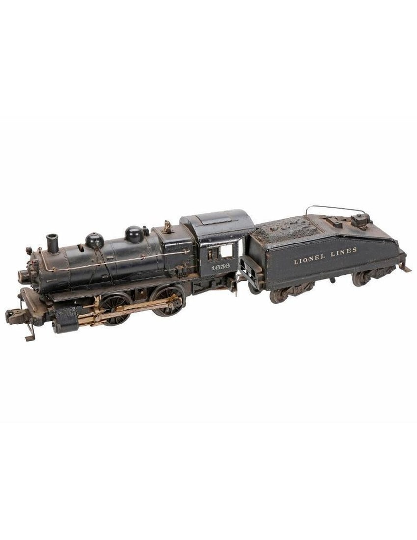 Lionel O Gauge Postwar 1656 0-4-0 Switcher & 6403B Bell Ringing Tender: Lionel O Gauge Postwar 1656 0-4-0 Switcher Steam Locomotive. Hand rails, bell, marker lights, draw bar, rods, coupler, intact. Dusty with paint wear to edges. 6403B Lionel Lines slope back bell ringin