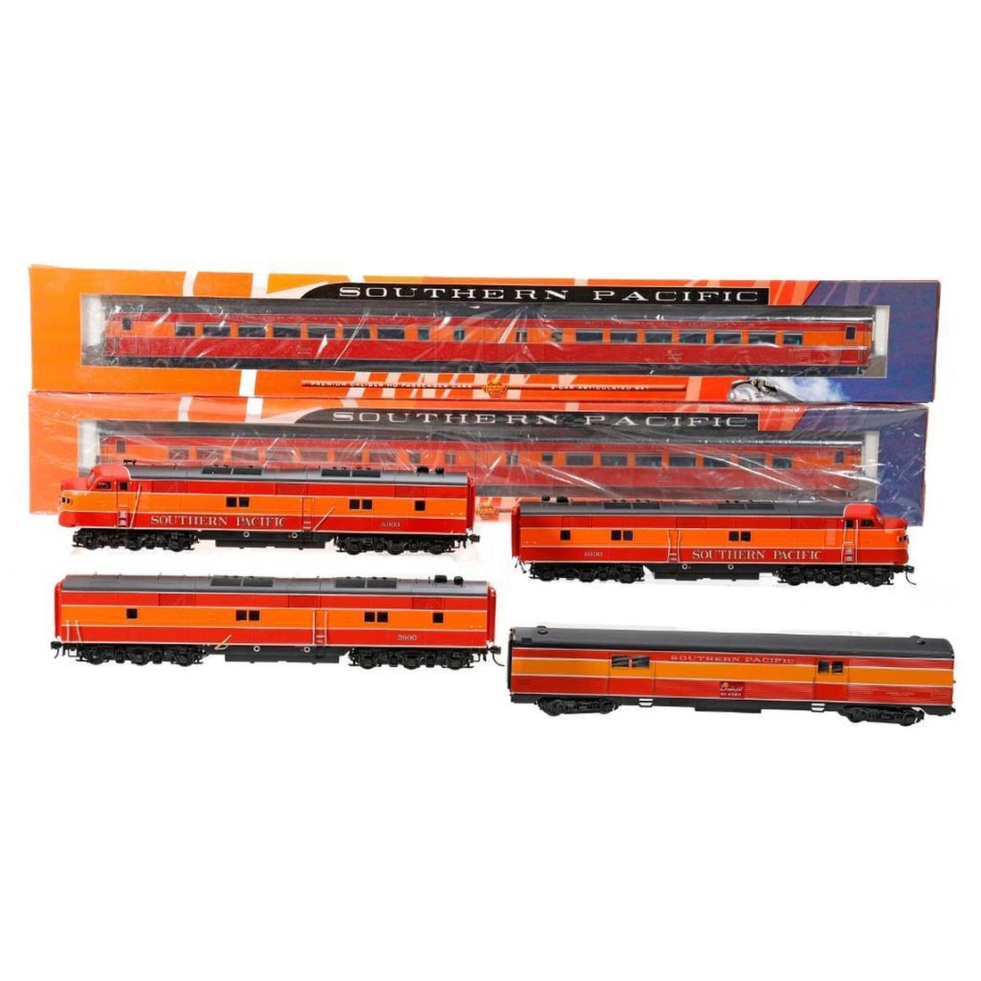 HO Scale Southern Pacific Daylight Locos & Pass Cars: Southern Pacific HO Scale Locomotives and Passenger Cars Life-Like A-B-A E-unit Diesel Locomotives. Road Numbers: A:6003, B:5900, A:6000 Streamline, Corrugated Baggage, Road Number 6599. Broadway Limi
