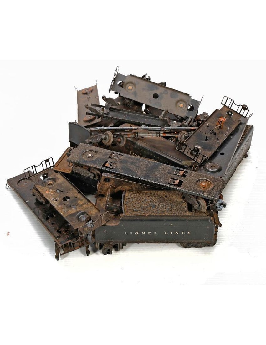 Lionel O Gauge Postwar Whistle Tender Parts and Car Chassis: Lionel O Gauge Postwar Bin of Whistle Tender Parts and Bin of Car Chassis.