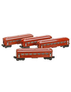 (4) Lionel O Gauge Postwar Brown Sheet Metal Passenger Cars: Lionel O Gauge Postwar Brown Sheet Metal Passenger Cars 2443 Observation. Trucks and coupler intact. 6442 Pullman. Trucks and couplers intact. 6442 Pullman. Trucks and couplers intact. 6443 Observatii