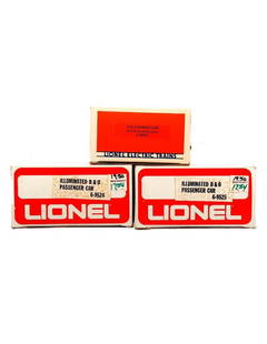Lionel O Gauge Modern Era B&O Baby Madison Passenger Cars: 6-9524 Illuminated B&O Passenger Car 6-9525 Illuminated B&O Passenger Car 6-19010 B&O Dining Car with Illuminated Interior All in original packaging.
