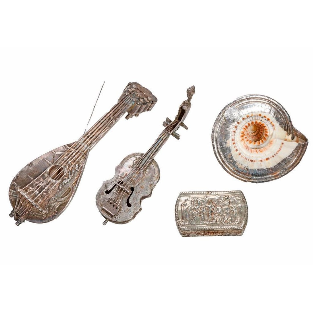 European Silver Miniature Instruments and Decorative Objects (4): Two miniature instruments, a violin (3 5/8") with relief decoration of a romantic couple; and a mandolin flask (4 1/4") with relief decoration of putti. Together with a repousse pillbox with classical