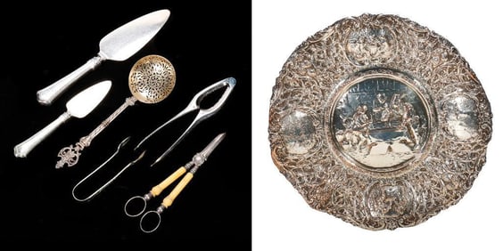 Group of Silver Metal Trays and Implements