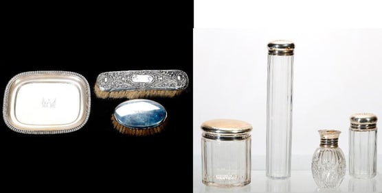 Group of Sterling Dresser Jars, Brushes, Tray