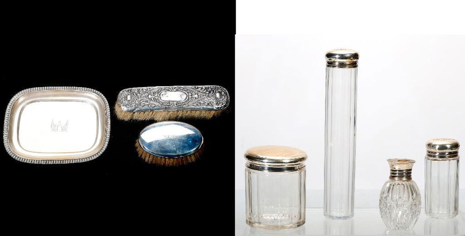 Group of Sterling Dresser Jars, Brushes, Tray (1 of 8)