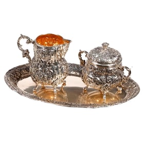 800 Silver Creamer and Sugar with Tray