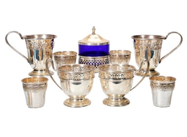 Sterling Demitasse/Ramekin Holders, and French Silver Liquor Cups