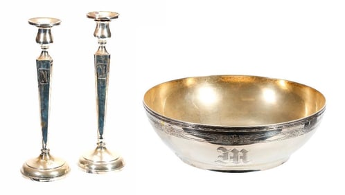 Sterling Candlesticks and Bowl
