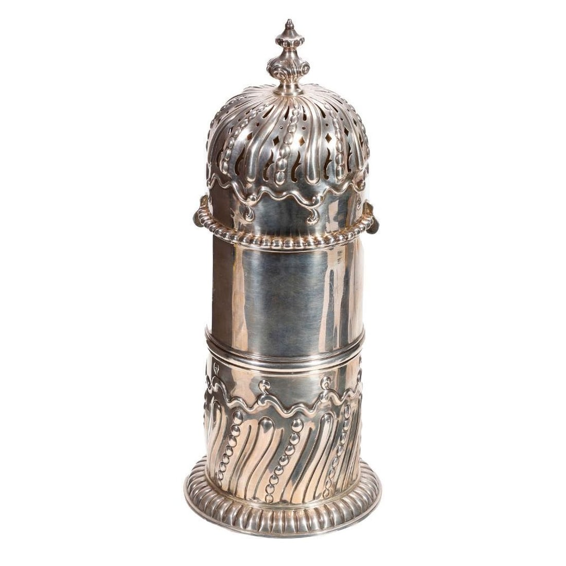 English Sterling Sugar Caster: George Fox maker's mark, 1888. A cylindrical sugar caster, the perforated top and base with swirling and beaded design. 9 3/4" tall. Approx. 469 grams.
