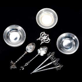 Group of Sterling Nut Dishes, Teaspoons, Picks