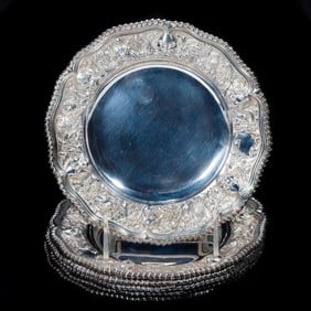 English Sterling Chinoiserie Motif Dessert Plates (6)