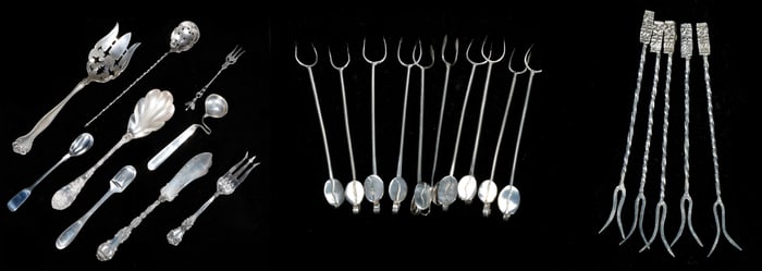Group of Sterling Spoons, Servers, Tongs, and Olive Picks