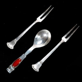 Pair of Scandinavian Silver Escargot Forks, and a Spoon