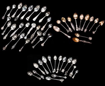 Large Collection of Sterling, 800, and Nickel Silver Souvenir Spoons
