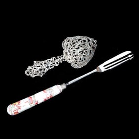 English Sterling Tea Caddy Spoon, and Porcelain Handle Fork