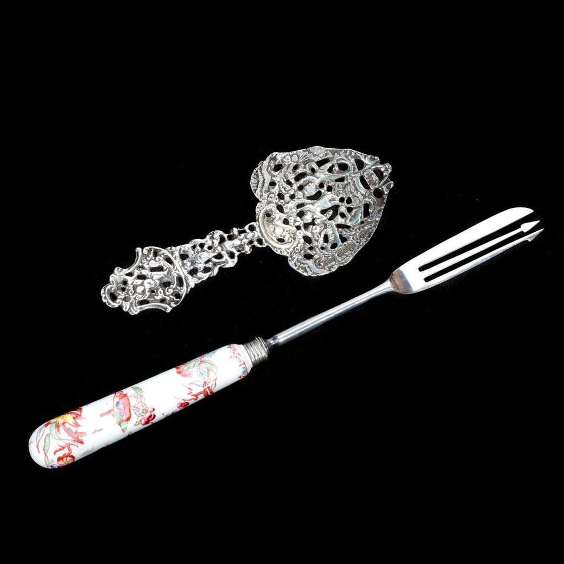 English Sterling Tea Caddy Spoon, and Porcelain Handle Fork (1 of 5)