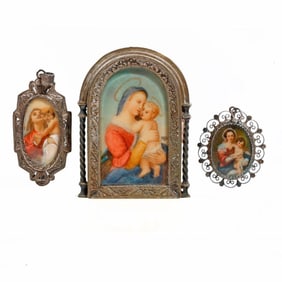 Madonna and Child Miniature Silver Altar, and Two Pendants