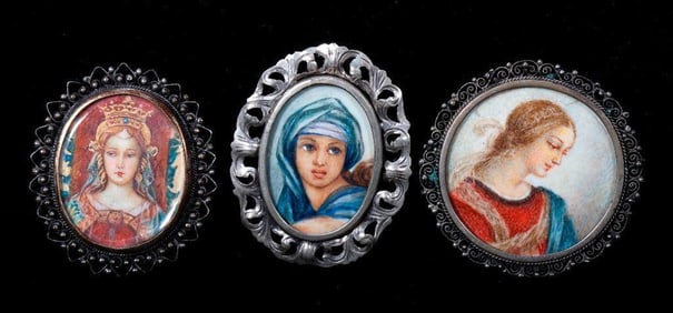 Three Painted Miniature Silver Brooch/Pendants
