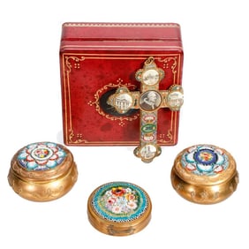 Three Italian Micro Mosaic Boxes and a Cross