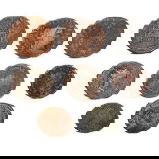 Collection of Roman/Ancient Coins (8): Eight coins, one silver, the others bronze or copper. Ranging from 3/4" to 1". Varied wear/corrosion.