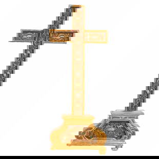 Continental Giltwood Reliquary Cross: The vintage standing giltwood glass-fronted cross standing approx. 13 3/4" tall. Condition: three ball feet missing; some losses to gilt.