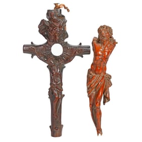 18th Century Carved Wood Christ, with another