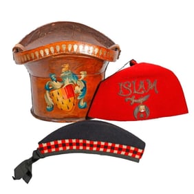 Leather Top Hat Box, with Shriners Fez and Glengarry Hat