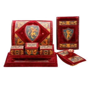 Italian Gilt-Leather and Velvet Desk Set