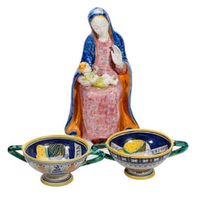 Italian Ceramic Madonna Spill Vase, and Pair of Compotes