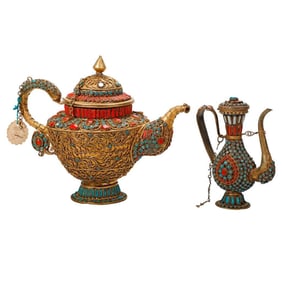 Two Nepalese Copper Stone Inlaid Small Teapots, and Two Miniatures