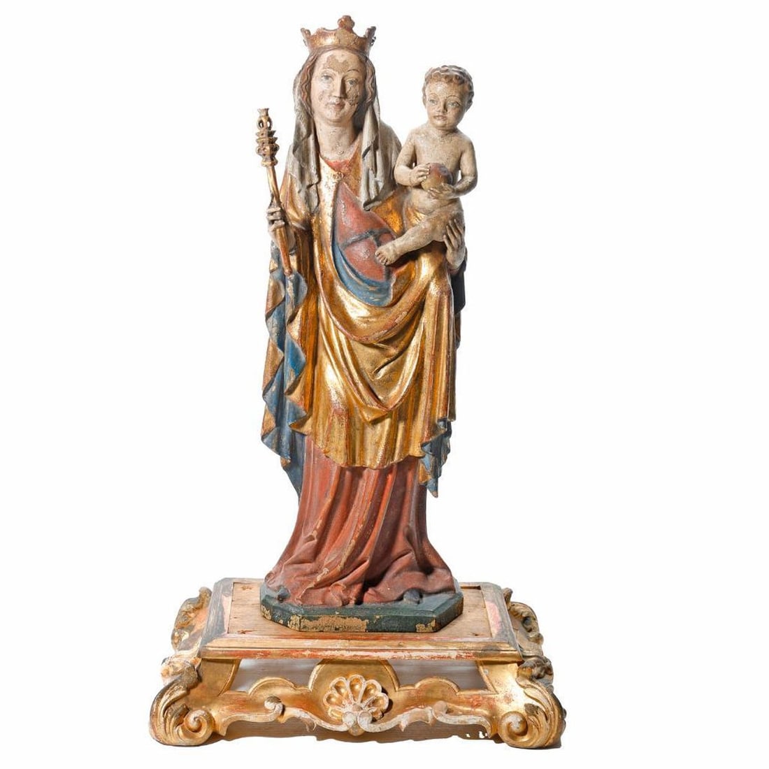 Gilt Polychrome Gothic Madonna and Stand: The Madonna standing with a slight curve to her body, a scepter in one hand, in her other arm the curly-haired Christ Child who holds an apple and rests his foot on her stomach. 20 1/4" tall x 6 1/2" 