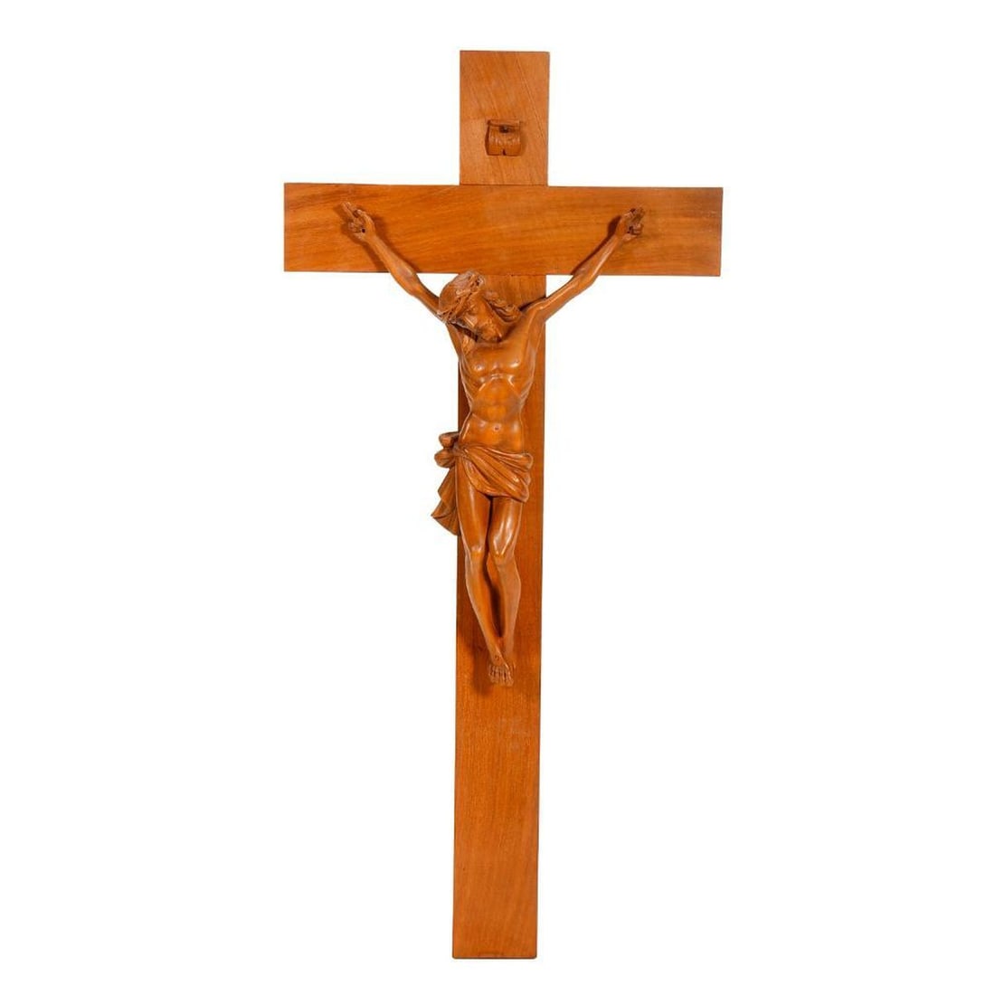20th Century Carved Wood Crucifixion: The carved wood Christ on a simple cross; 22 3/4" x 10 3/4". Good condition, but hands are loose/pegs missing.