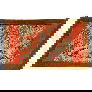 Lady and the Unicorn Needlepoint Panel: Circa Early 20th Century. A needlepoint panel of a Lady with small dog and lady-in-waiting, lion and unicorn holding flags on either side. With velvet border and moire backing, inset hanging grommets