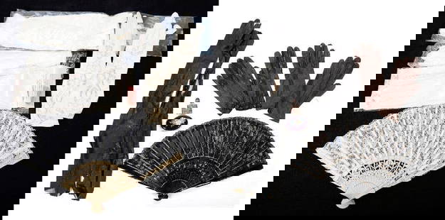 Group of Vintage Ladies Gloves, Scarves, and Misc.: Seven pairs of small/extra small size leather gloves: two pairs of driving gloves (brown and black); pair of long black gloves with buttons at the wrists; two pairs of white kid wrist cuff gloves; a p