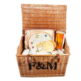 Group of Vintage Linens with Fortnum & Mason Hamper