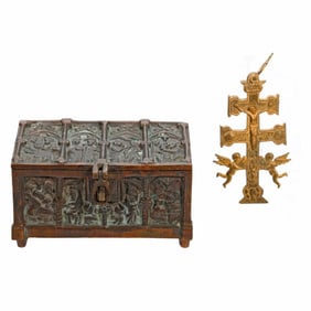 Gothic-Style Bronze Table Box, with a Caravaca Cross