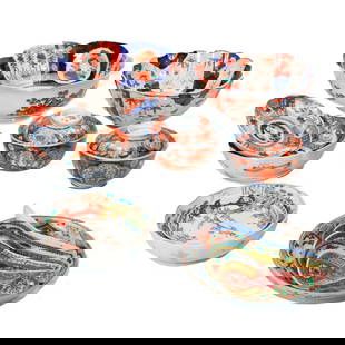 Group of Asian Porcelain Bowls, Dishes, and Spoons: The group includes four Japanese Imari scalloped edge bowls (from 6" to 8 1/2" diam.); two lidded soup bowls; and three dishes (4 3/4" to 7 1/2"); together with a collection of assorted Chinese and Ja