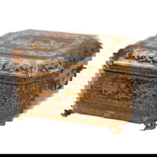 Chinese Export Gilt Lacquer Tea Caddy, 19th Century: The rectangular canted corner tea caddy with intricate gilt decoration of palace and garden scenes, the lid with a central border of dragons, the sides with ornate geometric floral decoration; with br