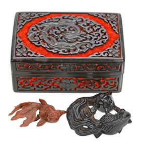 Two Asian Small Carved Stone/Wood Goldfish, with Lacquer Box