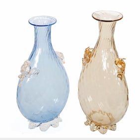 Pair of Murano Glass Floral Handle Vases