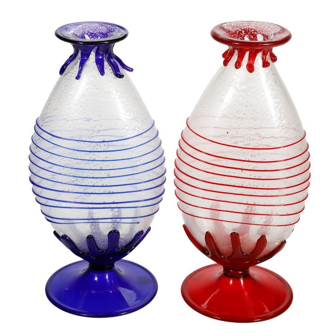 Pair of Murano Glass Ovoid Blue/Red Vases: A pair of clear and silver-speckled ovoid vases in blue and red, with "drip" style rims and bases. Approx. 11 3/4" tall.