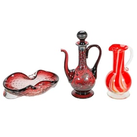 Murano Glass Dish, with Two Art Glass Ewers