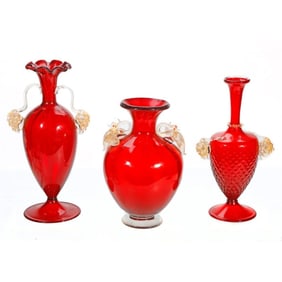 Three Red Murano Glass Vases