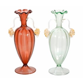 Pair of Murano Glass Grape Handle Vases