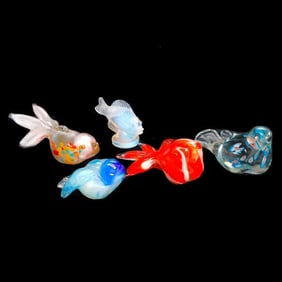 Group of Small Glass Goldfish and Bird Figurines (5)